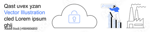 Technology, data security, cloud computing, analytics, industrial development, innovation. Visuals include a lock in a cloud and a professional analyzing data. Cloud computing and data security
