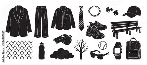 Large collection of black linocut style illustrations showing various objects like clothing, sports gear, and accessories with a hand-drawn, graphic, and monochrome aesthetic