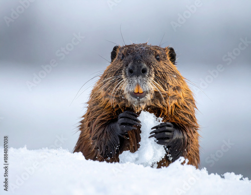 A beaver looks frustrated as it tries to chew through a solid block of ice in its dam.