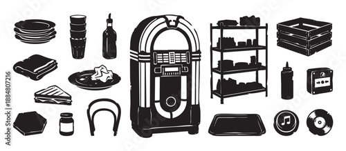Collection of black and white retro diner icons including a jukebox, sandwich, plates, and vinyl record in a graphic hand-drawn stencil style illustration set