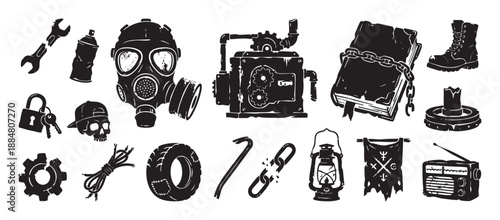 Collection of black post-apocalyptic survival icons featuring a gas mask, skull, tools, and radio in a distressed, grunge vector illustration style