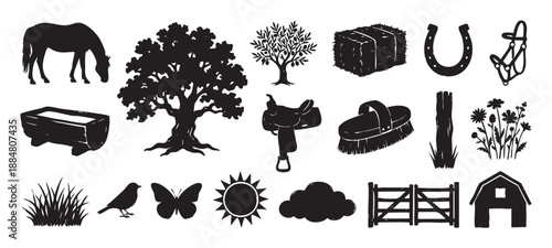 Collection of black farm and nature silhouettes including a horse, barn, tree, saddle, and horseshoe in a rustic, hand-drawn graphic style for agricultural or rural concepts