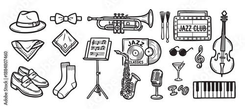 Set of hand-drawn jazz music icons featuring musical instruments, vintage clothing, and classic accessories in a black and white doodle style for a retro concert or club theme