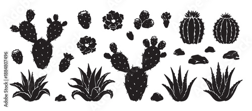 Black desert plant silhouettes collection including cactus, agave, and flowers in a rustic hand-drawn linocut style illustration set of graphic elements