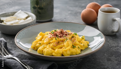 Delicious Macaroni With Cheese Served on a Plate With Eggs and Salad on a Din...