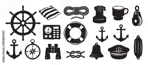 Hand-drawn set of black nautical icons featuring a ship's wheel, anchor, compass, and lifebuoy in a vintage, block print illustration style for maritime themes