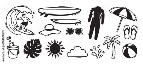 Set of black and white summer vacation icons featuring a surfer on a wave, surfboard, palm tree, sun, and beach accessories in a hand-drawn doodle illustration style