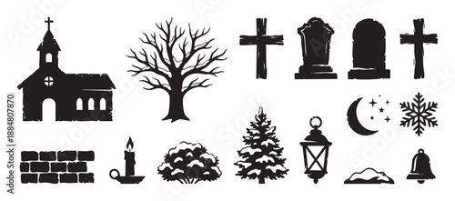 Set of black distressed silhouette clip art with a church, cemetery crosses, bare tree, candle, lantern, and winter elements like a snow-covered pine and snowflake