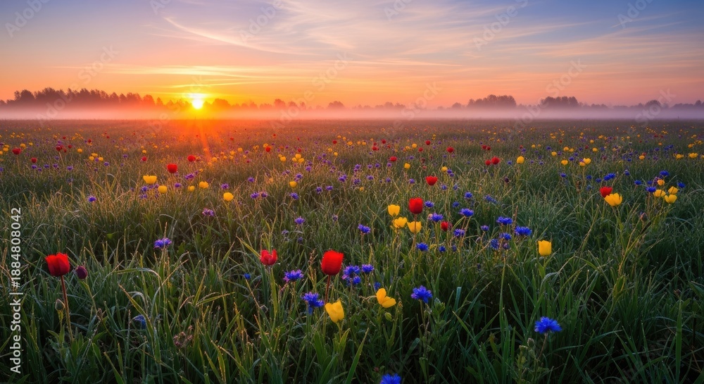Naklejka premium Vibrant Wildflowers at Sunrise
