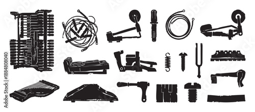 Collection of piano repair parts and musical components in a high-contrast black graphic style, featuring a detailed action mechanism, tuning fork, strings, screws, and hammers