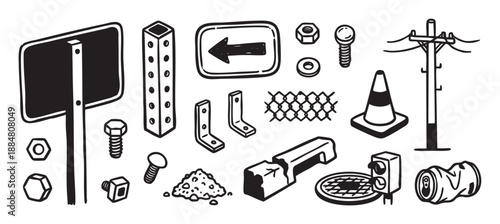 Hand-drawn collection of urban street objects including a sign, cone, and hardware in a black and white line art illustration style for city and construction concepts