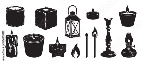 Set of black candle and lamp silhouettes featuring various wax shapes, a vintage lantern, an oil lamp, a candlestick, and matches in a graphic monochrome illustration style