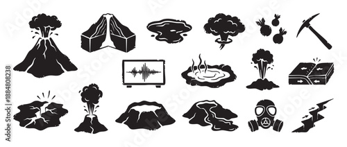Collection of black disaster and geology icons showing volcano eruptions, earthquakes, explosions, and tectonic plates in a rough, hand-drawn silhouette illustration style