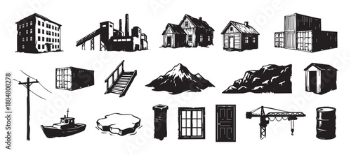 Collection of black and white graphic illustrations featuring industrial, rural, and natural elements like a factory, shipping container, mountain, rustic house, crane, and boat