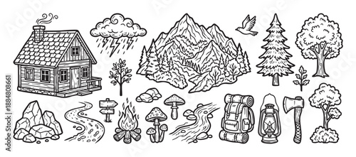 Collection of vintage monochrome camping illustrations with a wooden cabin, mountain, pine tree, campfire, backpack, and axe in a detailed line art style
