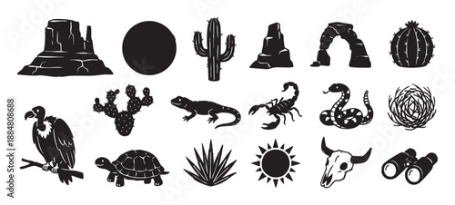 Set of black desert themed icons featuring animals, plants, and landscapes in a graphic silhouette style, representing western, nature, and wildlife concepts