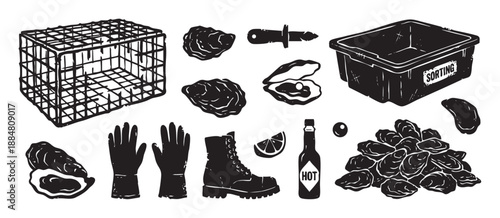 Oyster farming and harvesting equipment illustrations set showing a cage, shucking knife, sorting bin, gloves, boots, and fresh seafood in a black and white linocut style