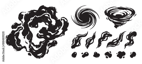 Set of black grunge style illustrations featuring a smoke cloud, vortex, tornado, flames, and ink splatters for creating dynamic visual effects in graphic design
