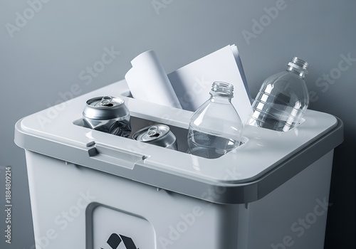 White Recycling Bin Filled with Aluminum Cans, Plastic Bottles, Paper, Eco-Friendly Waste Sorting, Organized Home or Office Recycling