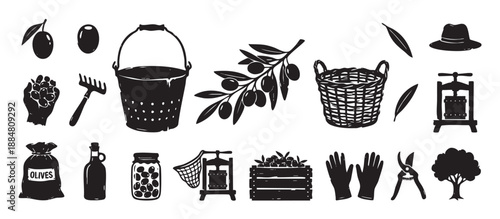 Set of black hand-drawn olive harvesting icons showing a branch, tree, press, basket, bottle, and farming tools in a rustic, graphic linocut or woodcut illustration style