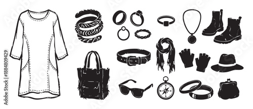 Collection of women's fashion apparel and travel accessories in a hand-drawn, graphic linocut style, including a dress, boots, bag, jewelry, scarf, hat, and compass