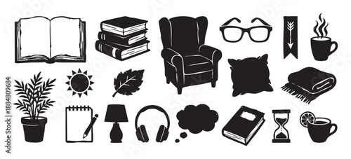 Collection of black hand-drawn icons representing reading, comfort, and relaxation, including a book, armchair, mug, and plant in a simple graphic silhouette style