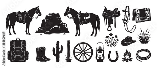 Collection of black western cowboy silhouettes including a horse, saddle, cactus, boots, and other ranch equipment icons for adventure and wild west themes