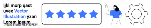 Blue five-star rating box, adjacent gear icon, and female presenter with pointing gesture. Ideal for feedback, quality, customer satisfaction, teamwork, business strategy, evaluation simple landing