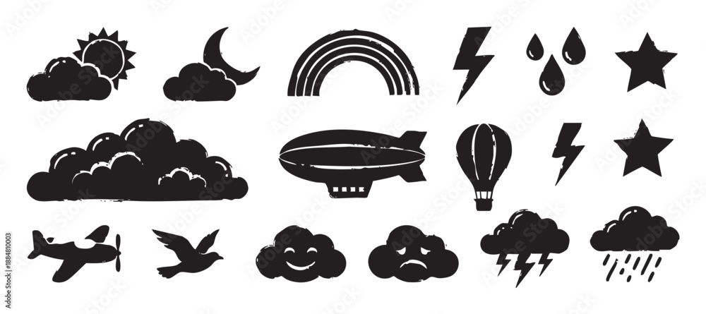 Obraz premium Collection of black grunge style weather and sky icons including sun, moon, clouds, rainbow, airplane, and hot air balloon in a hand-drawn stamp effect illustration