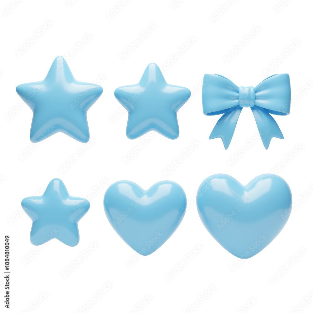 Obraz premium Six glossy, soft pastel blue 3D rendered stars, bows, and hearts arranged on a transparent seamless studio background, casting subtle shadows, sweet festive decoration concept