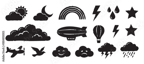 Collection of black grunge style weather and sky icons including sun, moon, clouds, rainbow, airplane, and hot air balloon in a hand-drawn stamp effect illustration