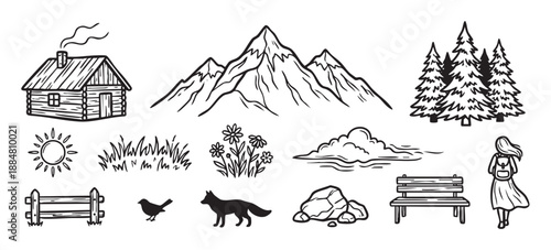 Hand-drawn set of black outdoor icons featuring a log cabin, mountains, pine trees, a fox, and a hiker for adventure and camping themes in a rustic doodle style
