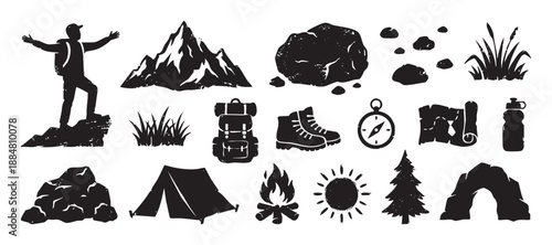 Collection of black hiking and camping icons with a distressed, stamp-like texture, featuring a hiker, mountain, tent, campfire, backpack, and other outdoor adventure symbols