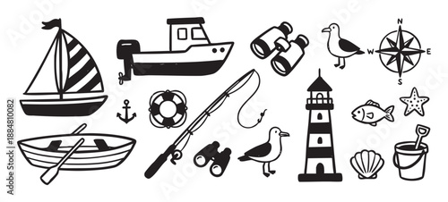 Collection of hand-drawn nautical icons featuring a sailboat, lighthouse, anchor, and compass rose in a simple black and white doodle style for maritime and travel themes