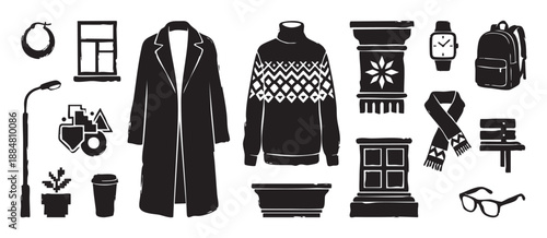 Black linocut style icon set of winter clothing and urban life objects like a coat, sweater, and backpack, illustrated for a cozy seasonal concept