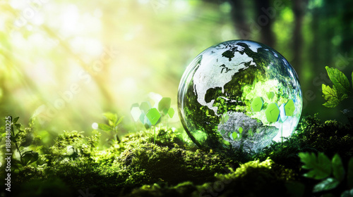A crystal globe sitting on moss in a sunlit forest representing nature and the environment