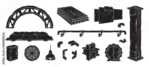 Set of industrial factory building parts including a metal truss, corrugated sheet, pipe, and pillar in a distressed black and white graphic illustration style