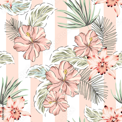Tropical blush pink hibiscus, orchid flowers, palm leaves, striped background. Vector seamless pattern. Jungle foliage illustration. Exotic plants. Summer beach floral design. Paradise nature