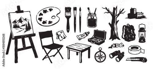Hand-drawn vector icon set of painting and outdoor adventure equipment, featuring an easel with a landscape, artist's palette, backpack, and lantern in a rustic woodcut style