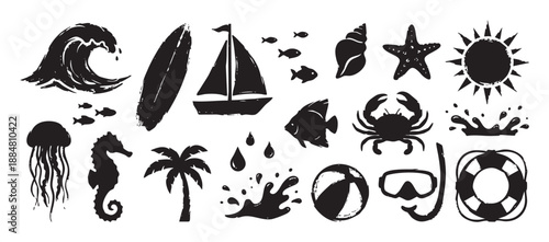 Black ink stamp style summer icon set with a distressed texture, featuring a wave, sailboat, crab, and palm tree for vacation, travel, and ocean-themed graphic design elements