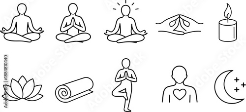 Set of black line icons representing yoga, meditation and mindfulness including seated poses, lotus flower, human silhouette with chakras, praying hands, sun, cloud, eye and hand gesture. Minimalist o