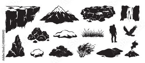 Collection of black hand-drawn nature icons featuring a mountain, cliff, volcano, waterfall, rocks, and a hiker for adventure and travel concepts in a bold, graphic vector style