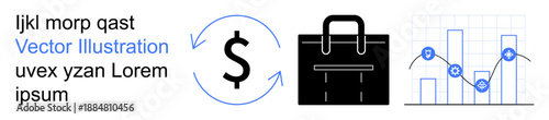 Business growth, investment strategies, financial analysis, market trends, profitability, data visualization. Black dollar symbol with arrows, briefcase and a line graph. Business growth