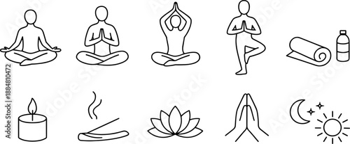 Set of black line icons representing yoga, meditation and mindfulness including seated poses, lotus flower, human silhouette with chakras, praying hands, sun, cloud, eye and hand gesture. Minimalist o