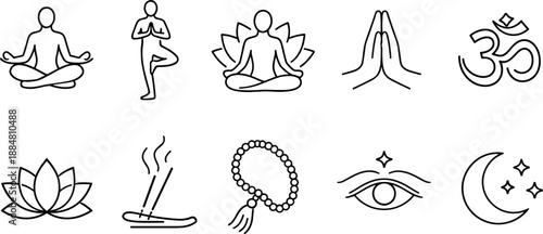 Set of black line icons representing yoga, meditation and mindfulness including seated poses, lotus flower, human silhouette with chakras, praying hands, sun, cloud, eye and hand gesture. Minimalist o