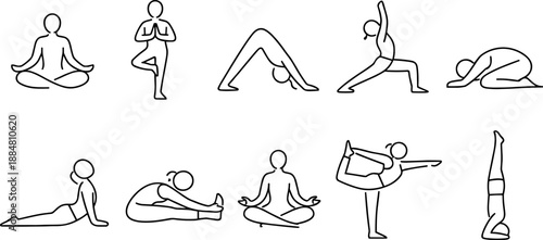 Set of black line icons representing yoga, meditation and mindfulness including seated poses, lotus flower, human silhouette with chakras, praying hands, sun, cloud, eye and hand gesture. Minimalist o