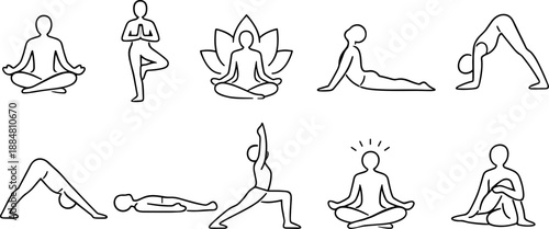 Set of black line icons representing yoga, meditation and mindfulness including seated poses, lotus flower, human silhouette with chakras, praying hands, sun, cloud, eye and hand gesture. Minimalist o