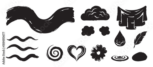 Set of black grunge brush stroke shapes and icons including a heart, cloud, feather, spiral, and water drop in a hand-drawn ink style for graphic design elements
