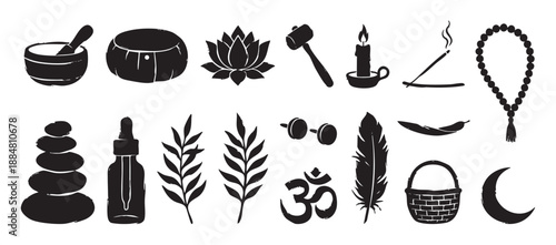 Collection of black spiritual wellness icons in a hand-drawn silhouette style, featuring a lotus, om symbol, singing bowl, stacked stones, and other objects for meditation and yoga