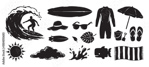 Set of black grunge surfing and beach icons featuring a surfer, wave, surfboard, wetsuit, and summer vacation accessories in a hand-drawn, block print style illustration